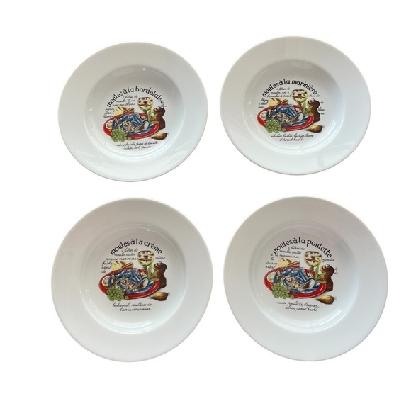Limoges France Rimmed Soup Bowls Mussels Graphic and Spellout Whimsical FOUR - Picture 1 of 8